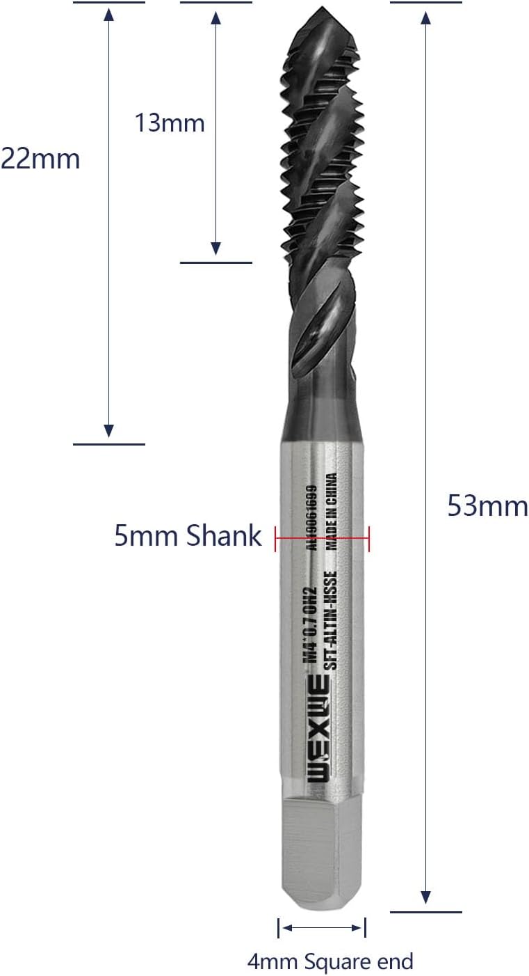 Tools M4 x 0.7 AlTiN Coating Spiral Flute Thread Tap, Metric Machine Threading Tap High Speed Steel Cobalt(HSSCo), Round Shank with Square End, H2 Tolerance, 2pcs